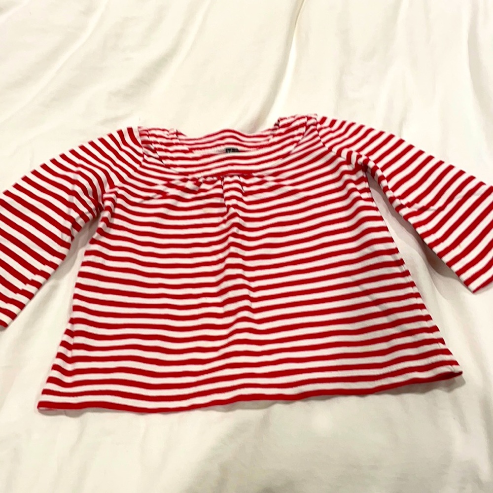 Red striped tee, 3/4 length bell sleeves, girls 4T